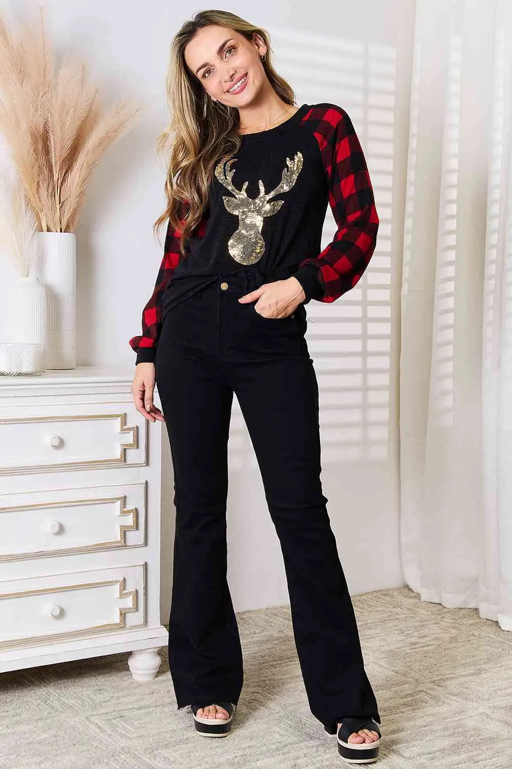 Sequin Reindeer Graphic Plaid Top - Red