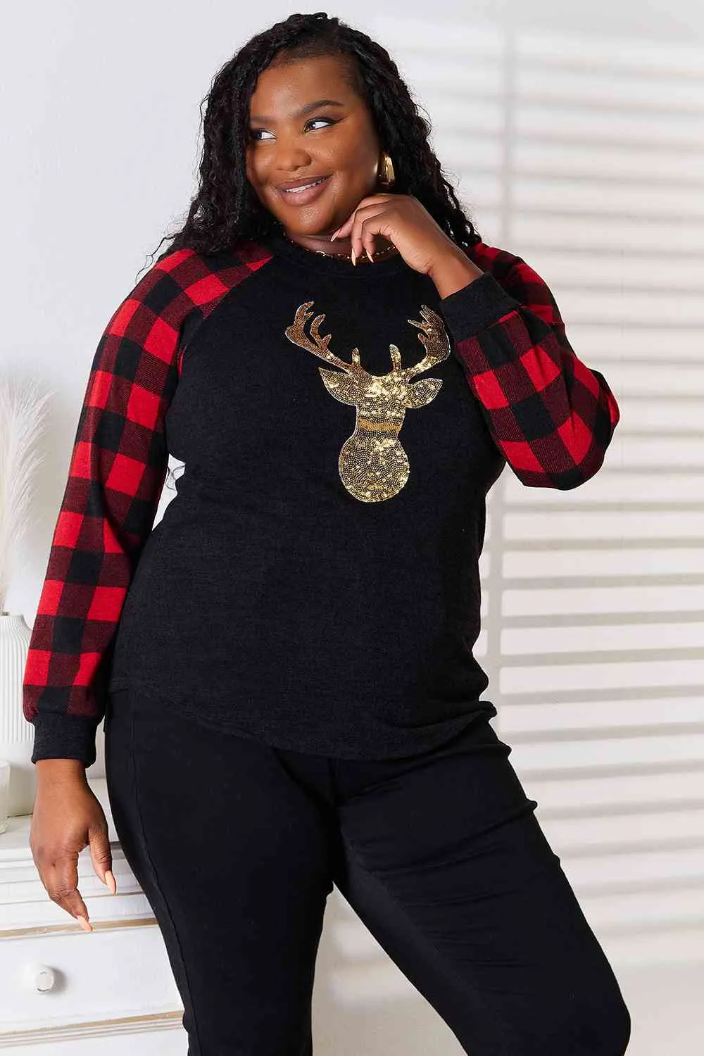 Sequin Reindeer Graphic Plaid Top - Red