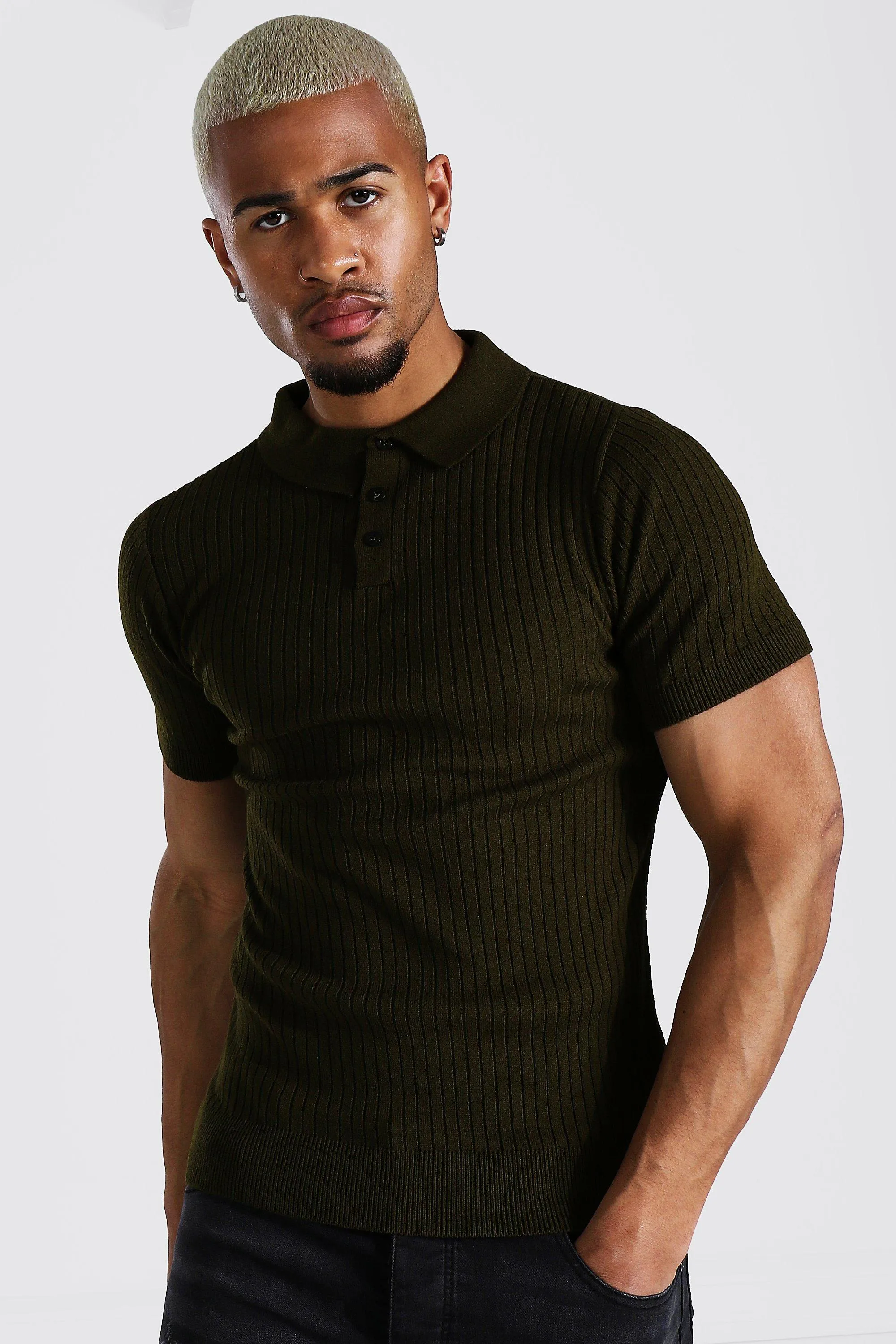 Short Sleeve Muscle Fit Ribbed Knit Polo | boohooMAN UK