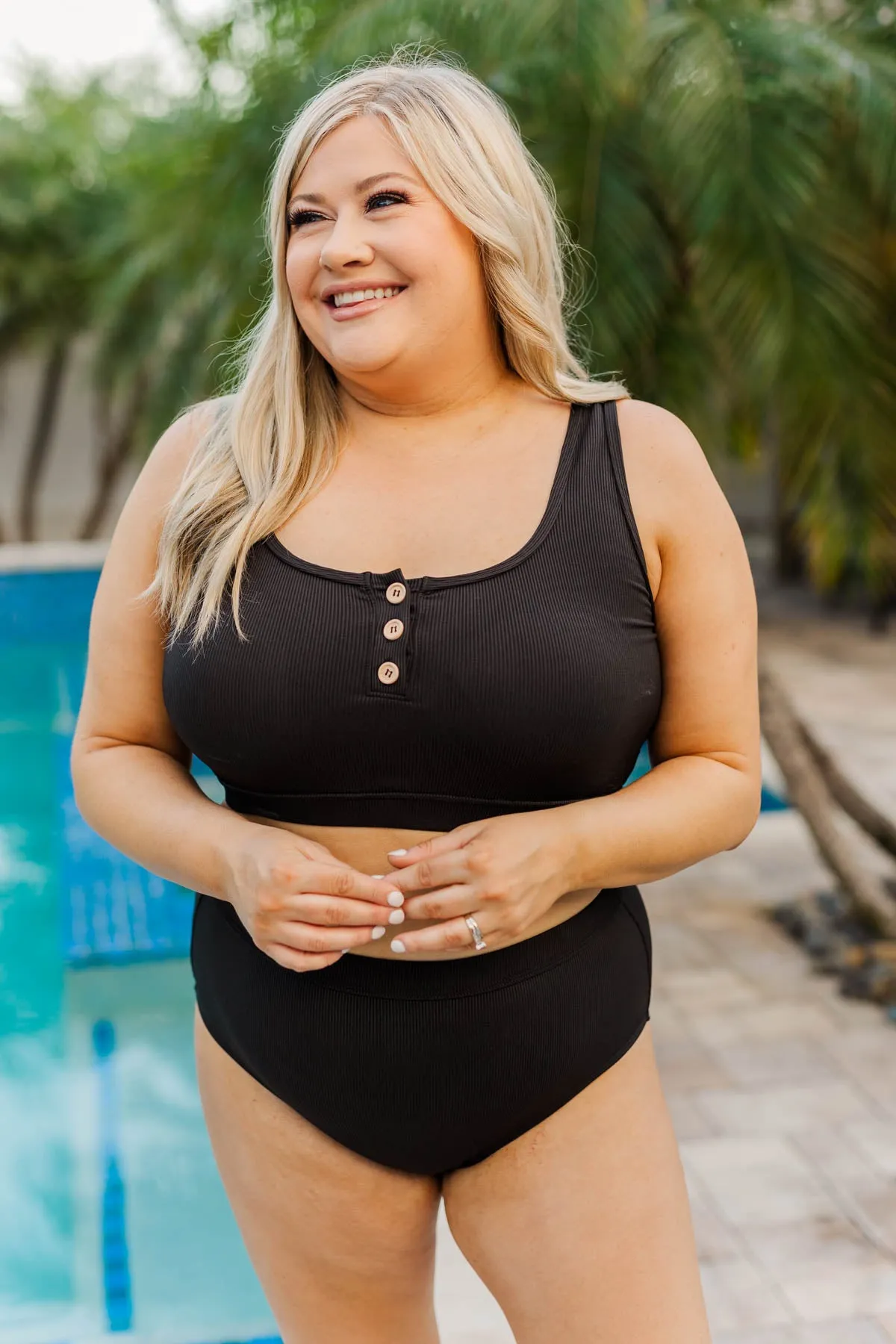 Summertime Shine Ribbed Knit Swim Top- Black