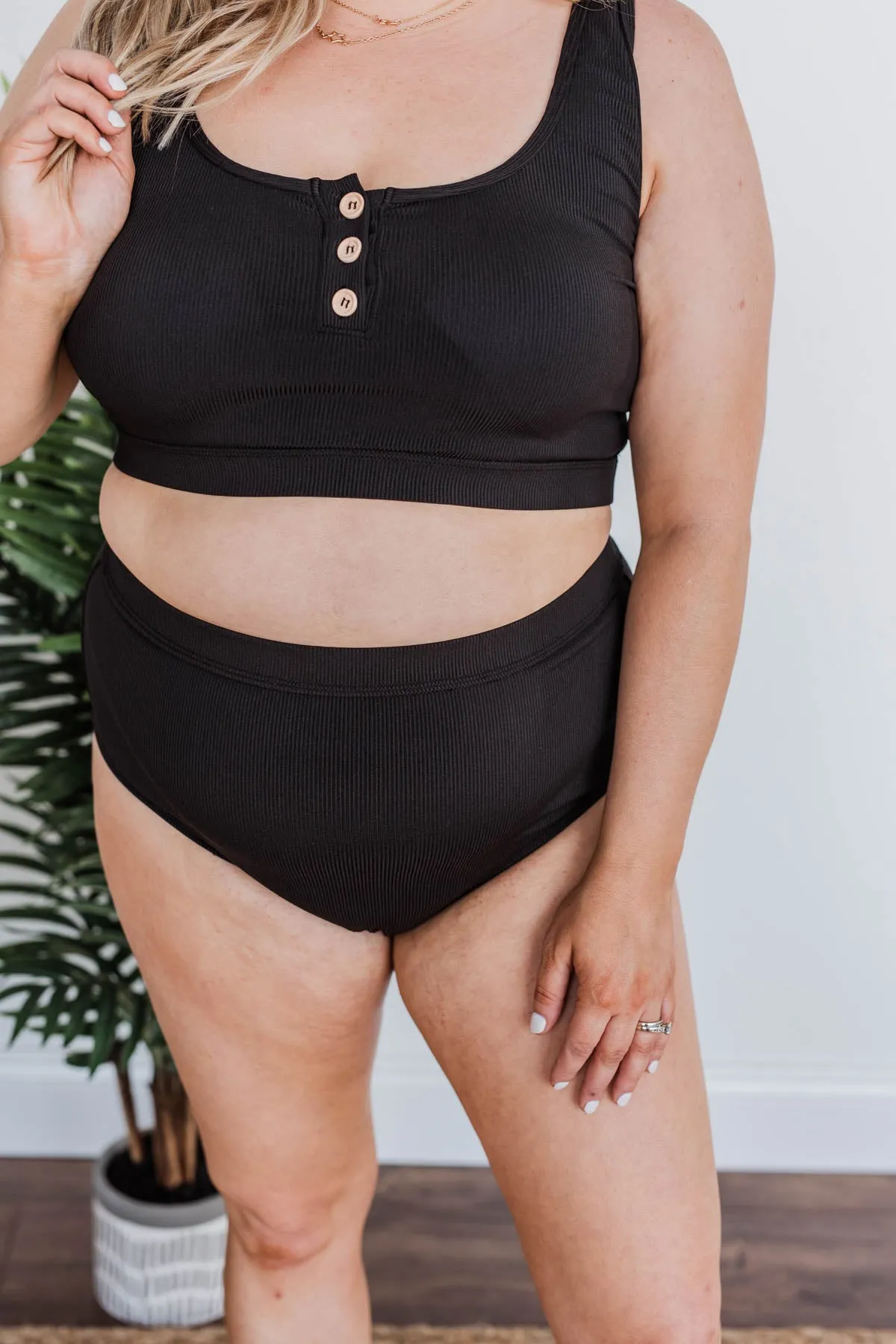 Summertime Shine Ribbed Knit Swim Top- Black