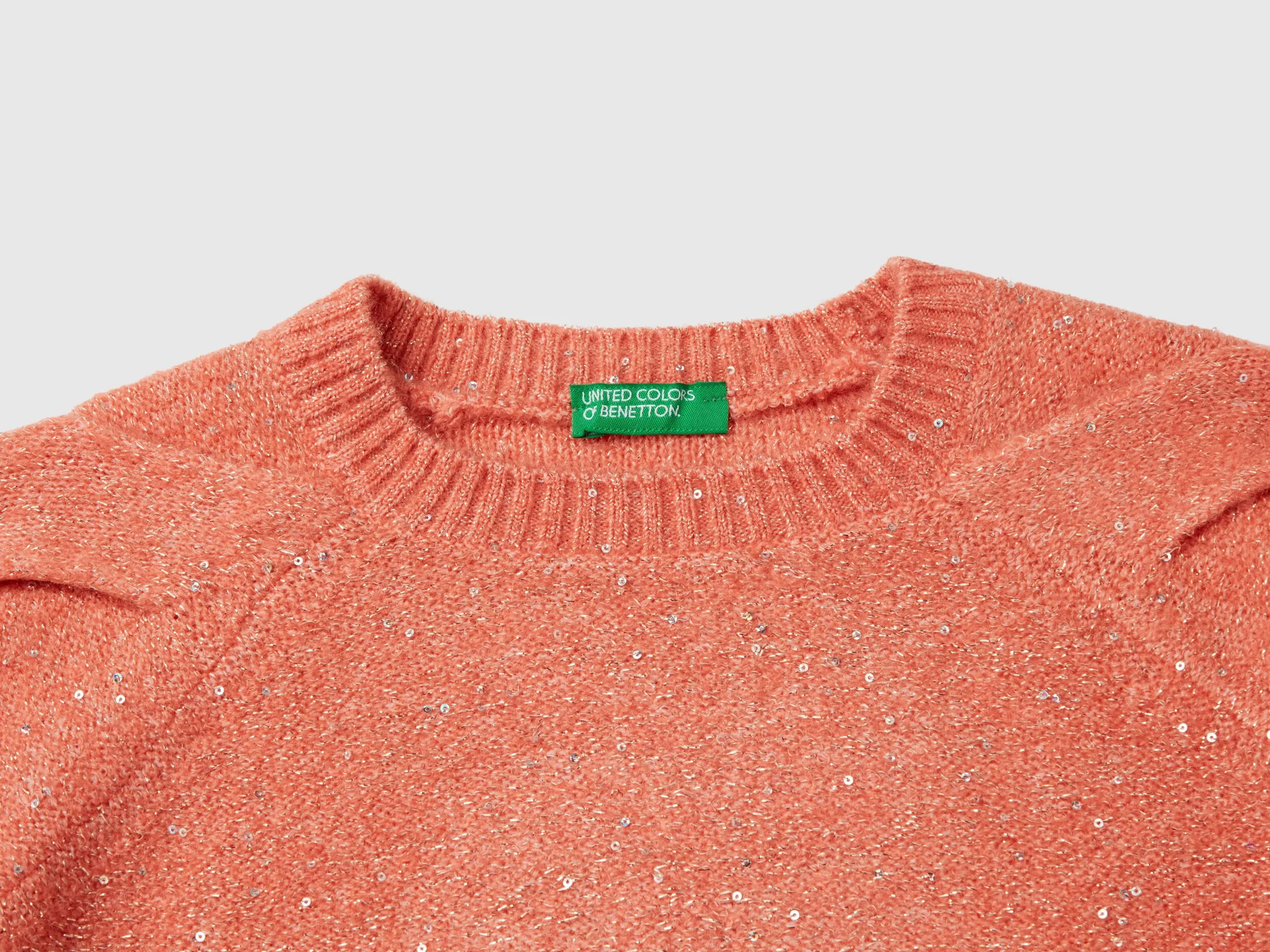 Sweater with recycled fabric and sequins - Peach | Benetton