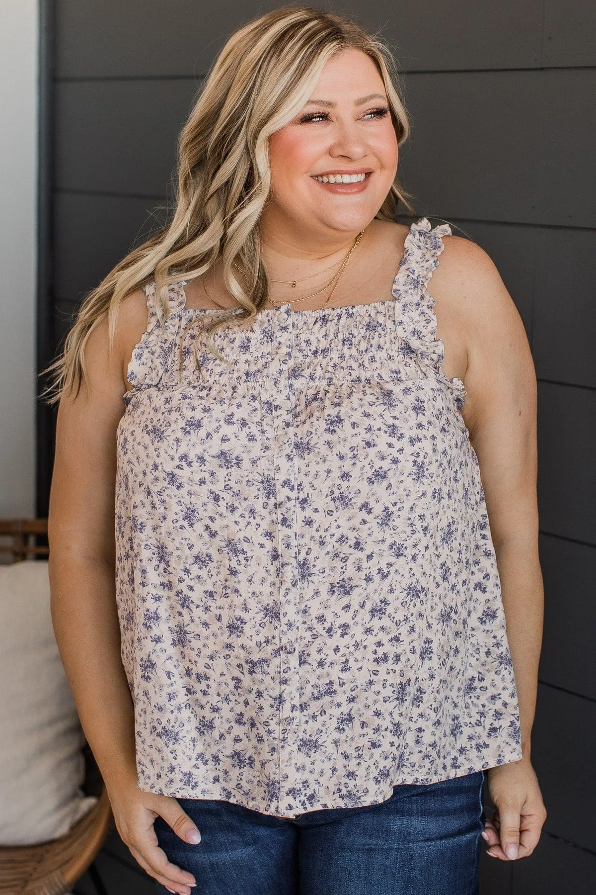 Sweet As Spring Floral Tank Top- Ivory & Blue