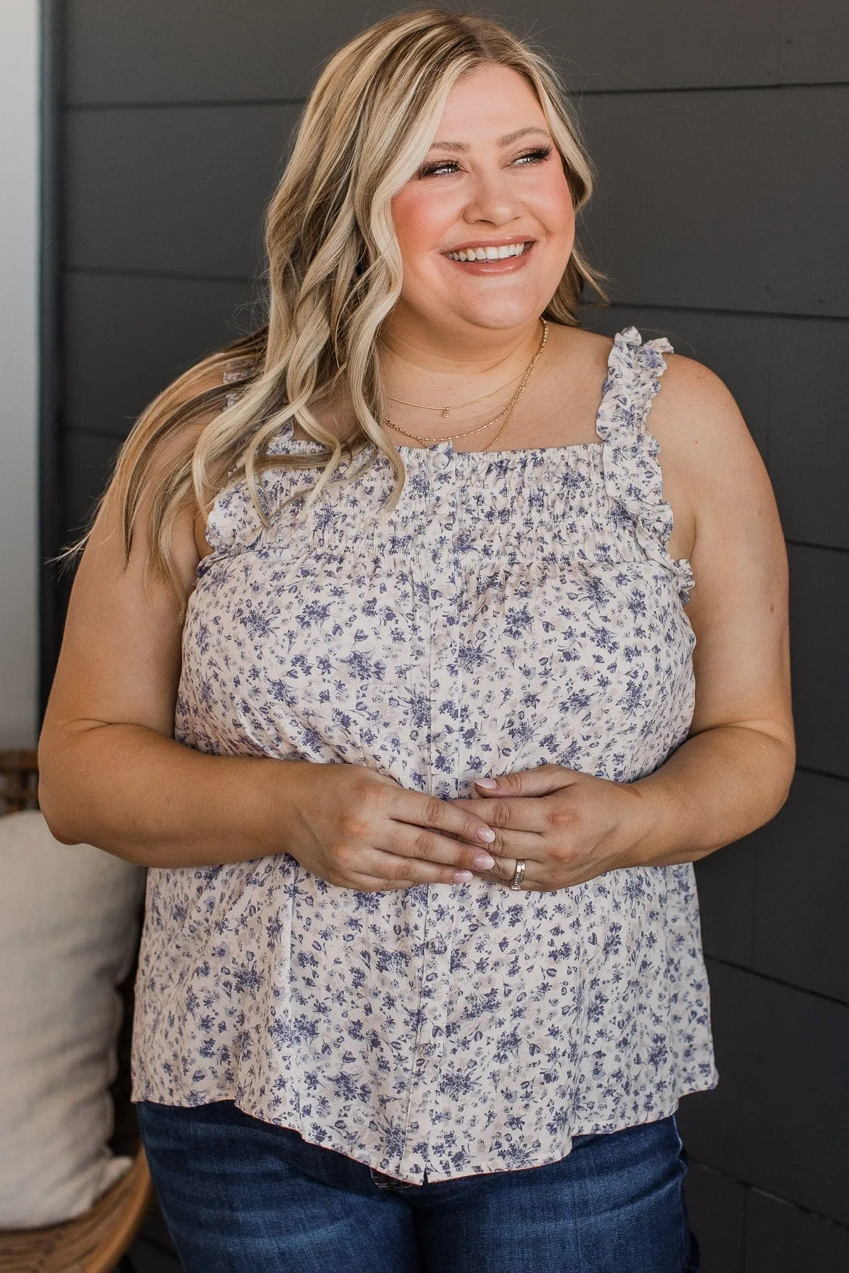 Sweet As Spring Floral Tank Top- Ivory & Blue