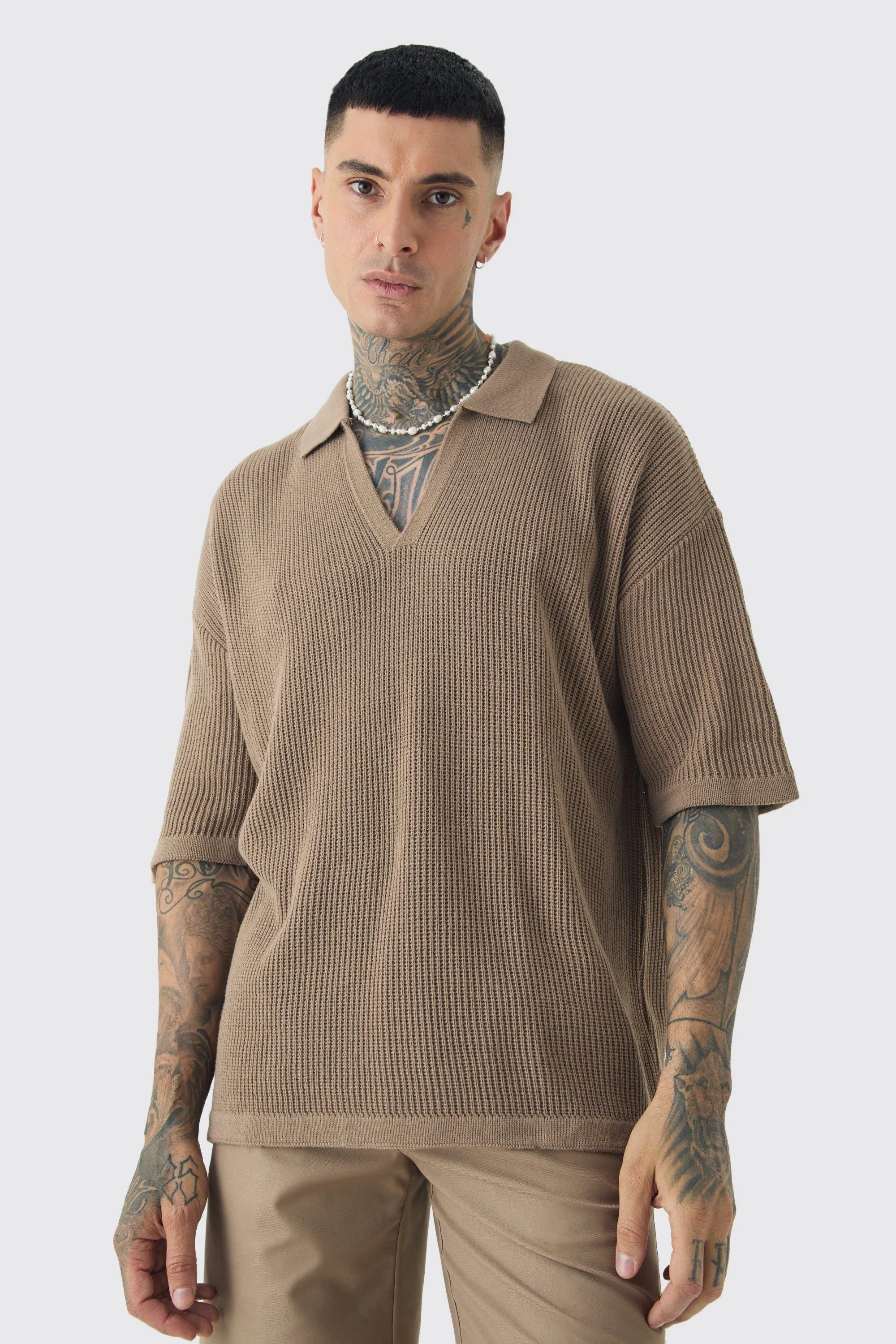 Tall Boxy Short Sleeve Ribbed Knit Polo | boohooMAN UK