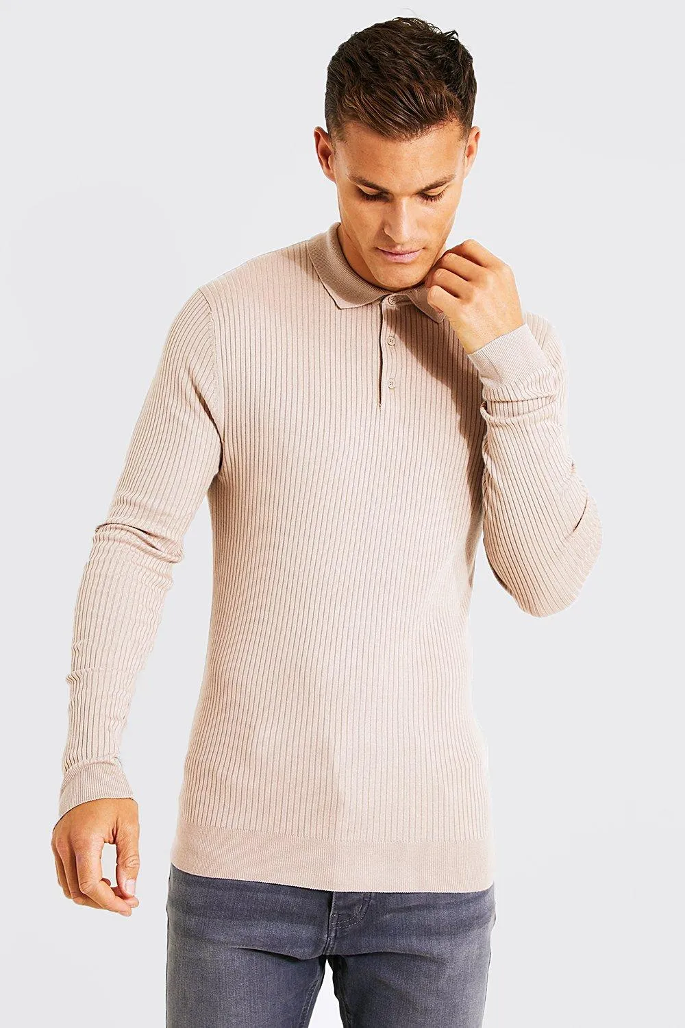 Tall Muscle Fit Ribbed Knit Polo | boohooMAN UK