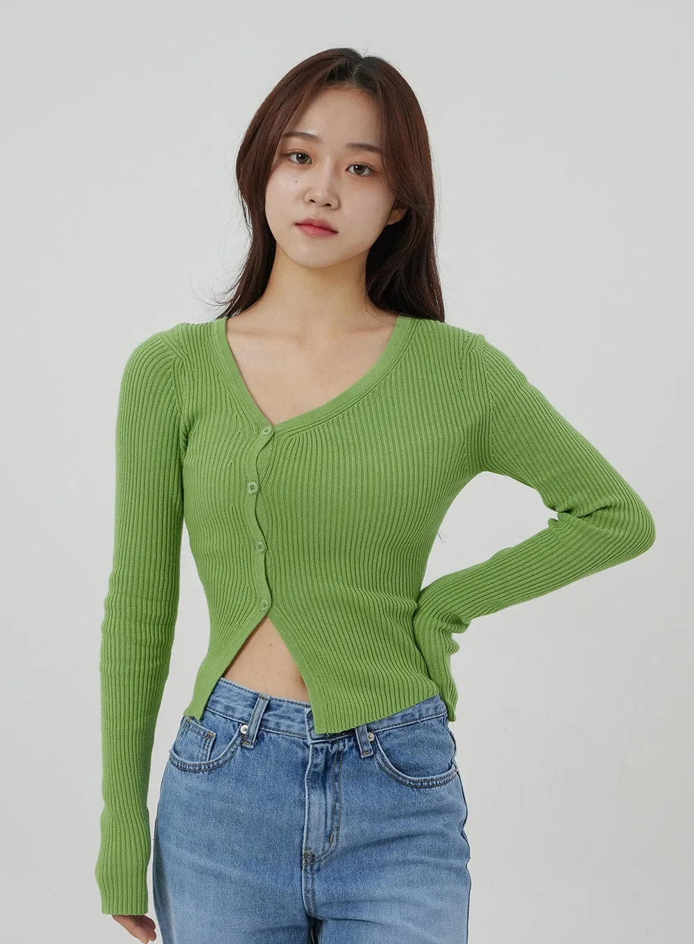 Unbalanced Ribbed Knit Button Cropped Top OJ319