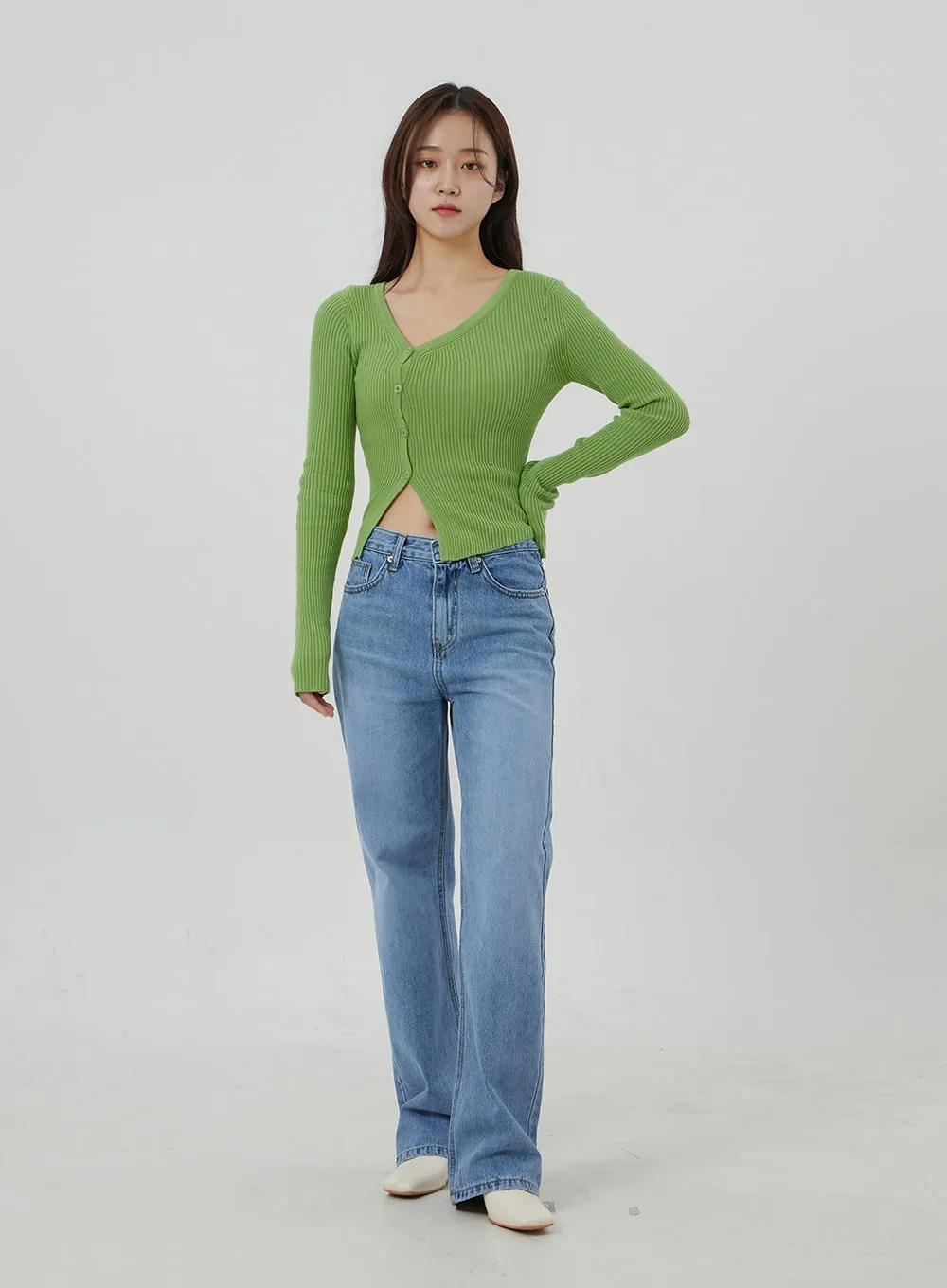 Unbalanced Ribbed Knit Button Cropped Top OJ319