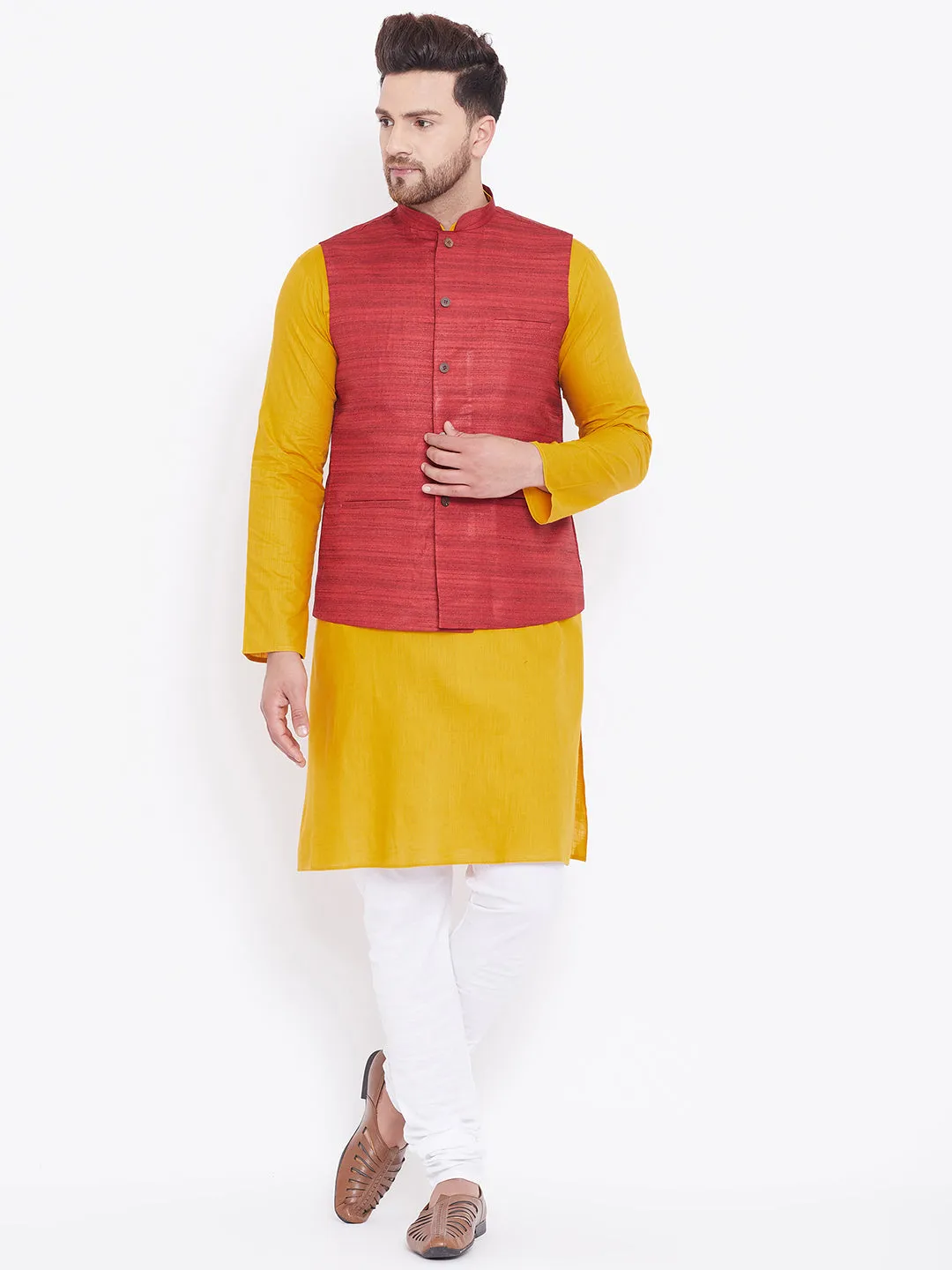 VASTRAMAY Men's Maroon, Mustard And White Cotton Blend Jacket, Kurta and Pyjama Set