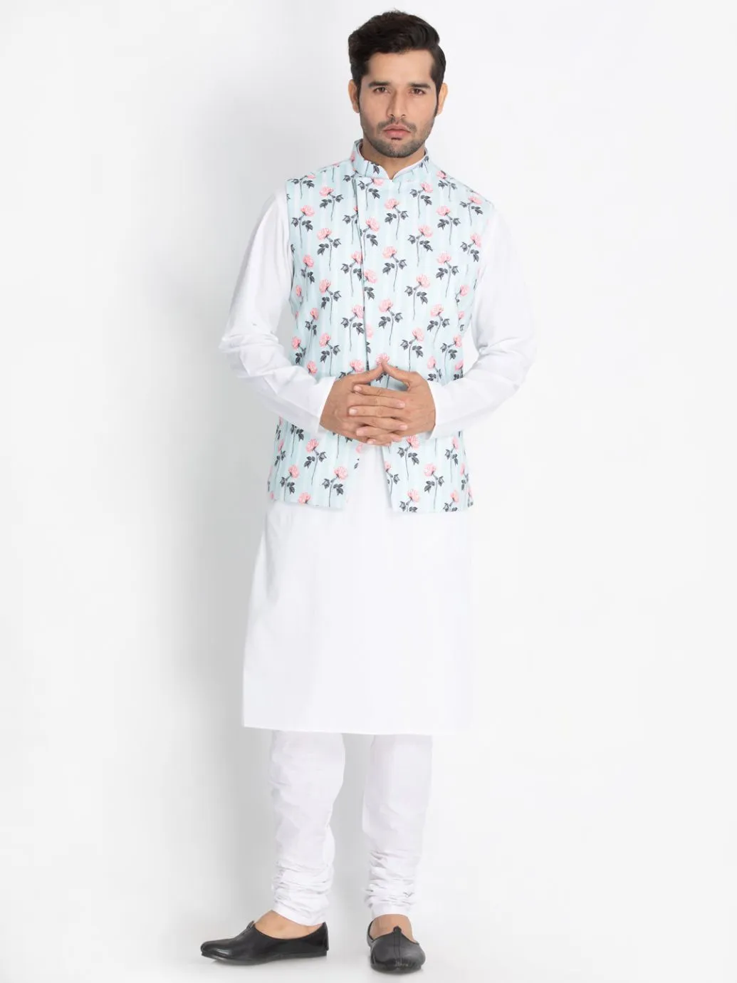 VASTRAMAY Men's White Cotton Blend Kurta, Ethnic Jacket and Churidar Set