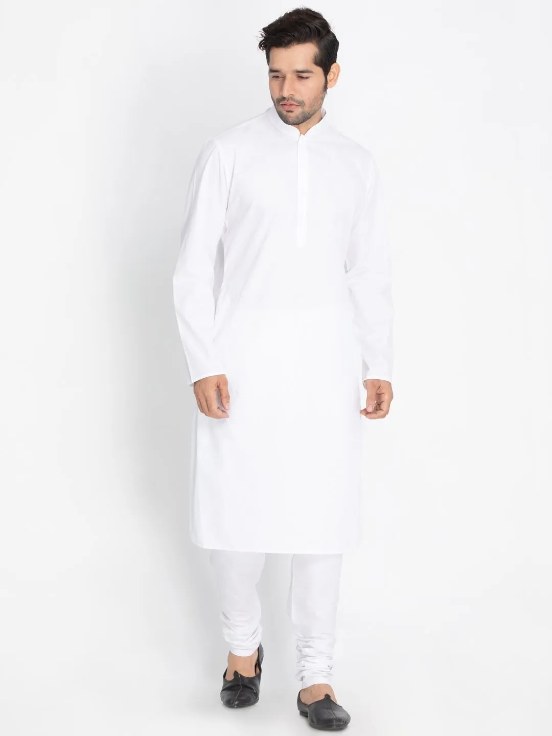 VASTRAMAY Men's White Cotton Blend Kurta, Ethnic Jacket and Churidar Set