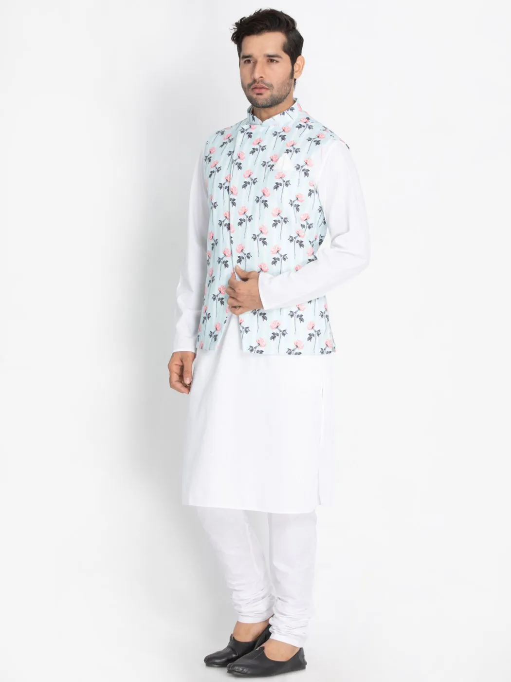 VASTRAMAY Men's White Cotton Blend Kurta, Ethnic Jacket and Churidar Set