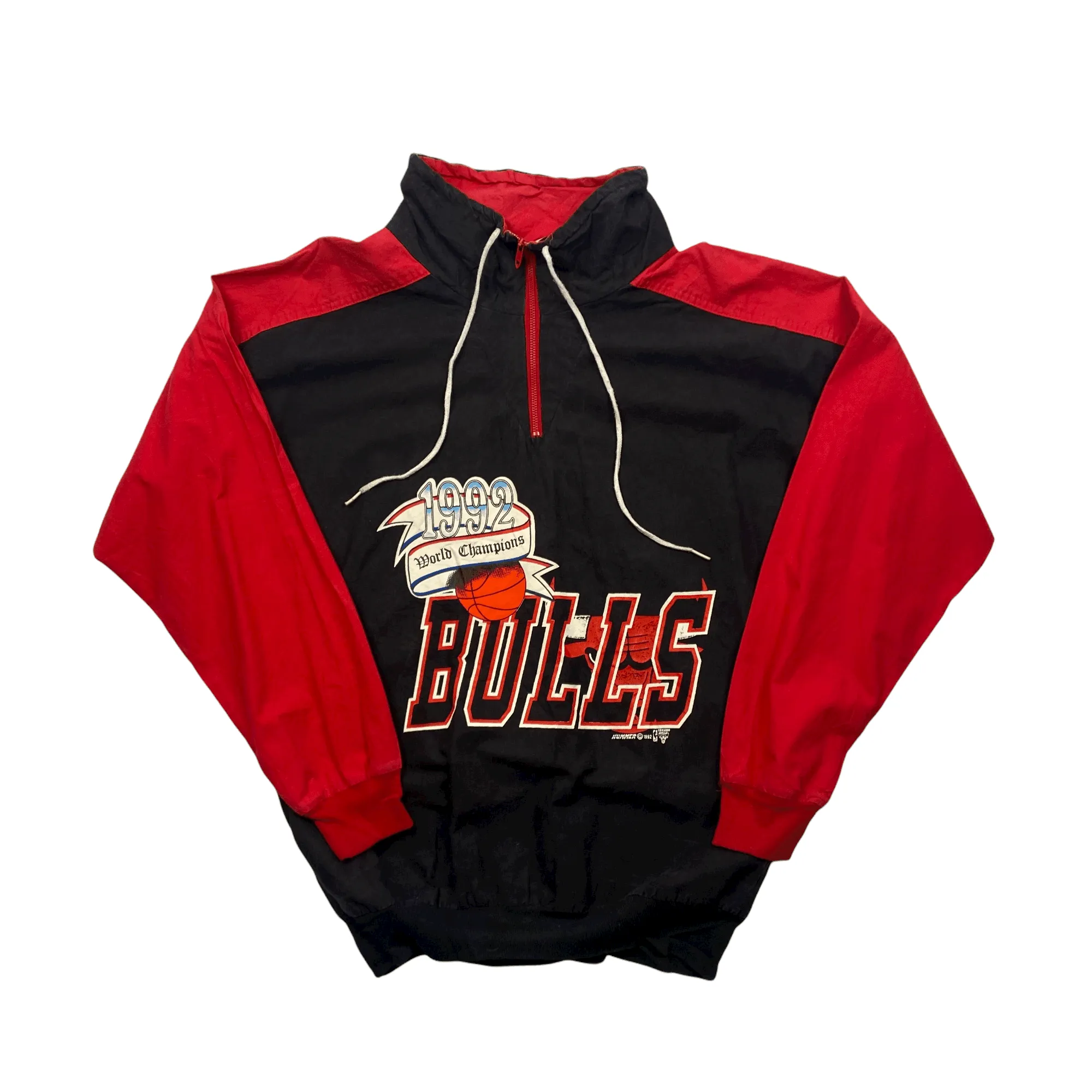 Vintage 90s Black + Red Chicago Bulls NBA Spell-Out Quarter Zip Jacket/ Coat - Medium