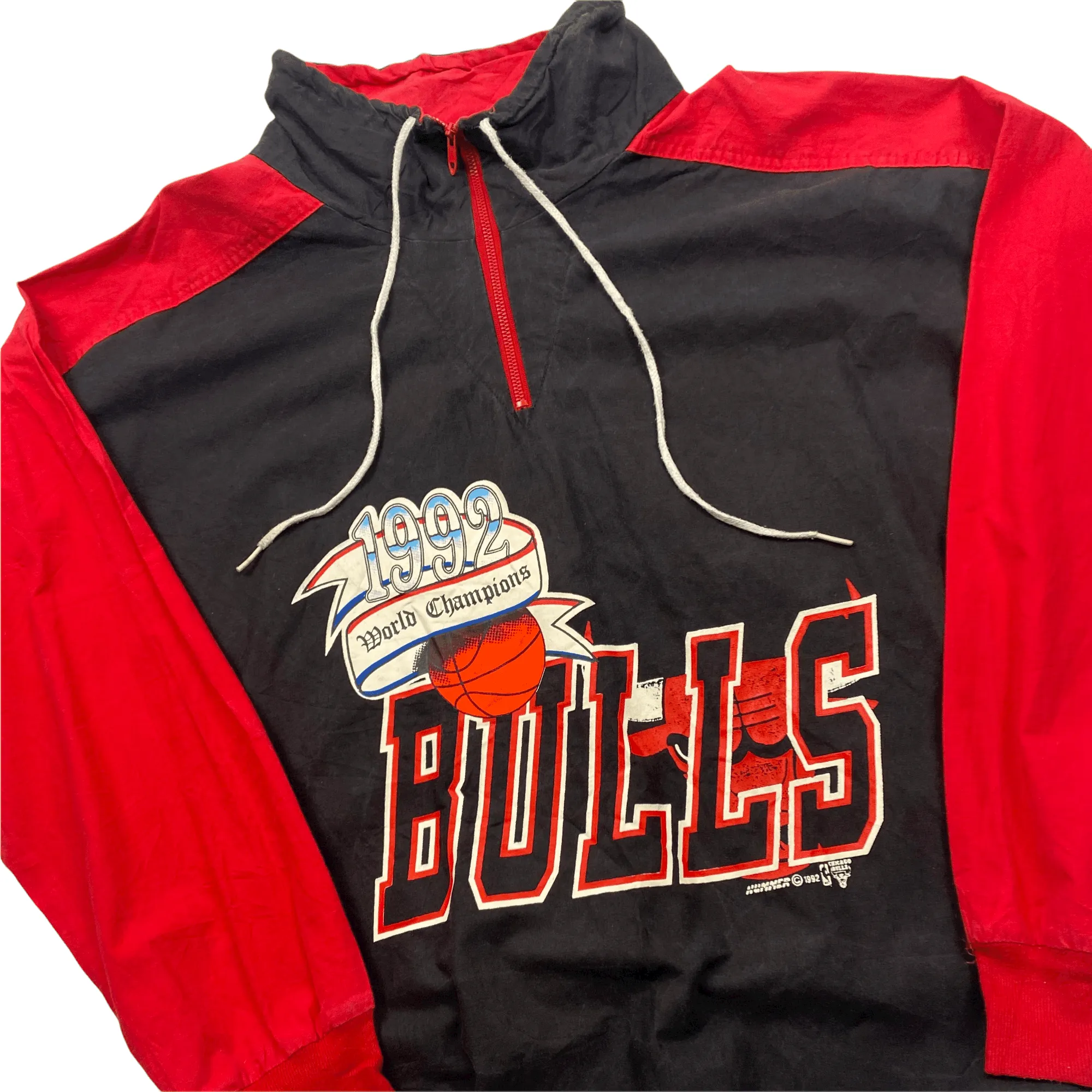 Vintage 90s Black + Red Chicago Bulls NBA Spell-Out Quarter Zip Jacket/ Coat - Medium