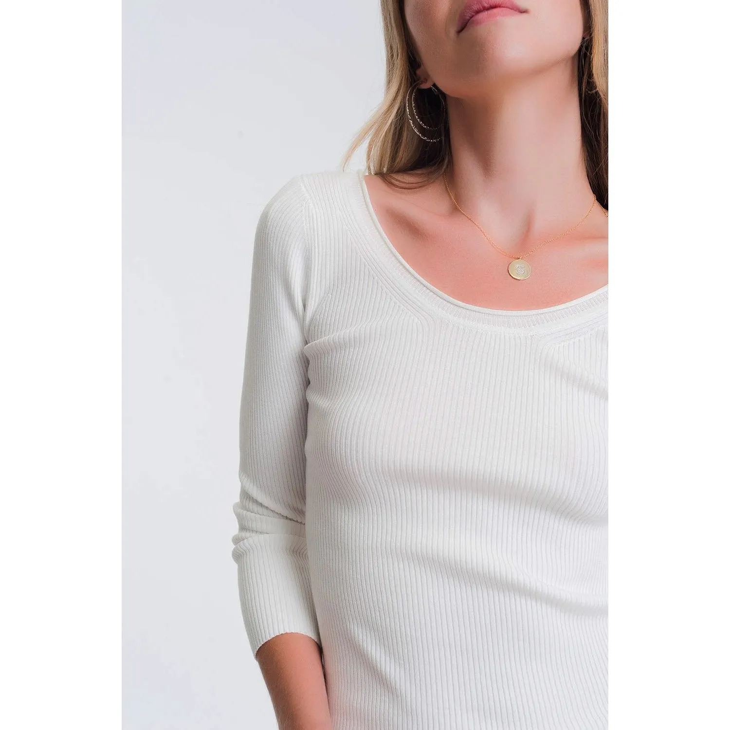 White Knitted Wide Neck Sweater