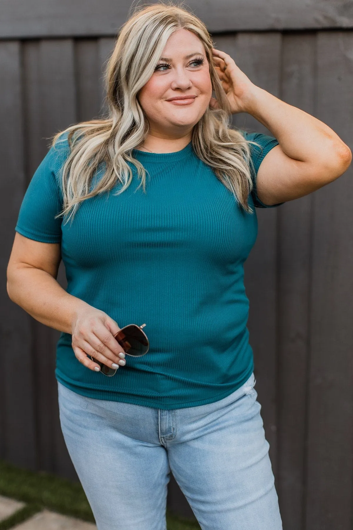 Without A Care Ribbed Knit Top- Teal