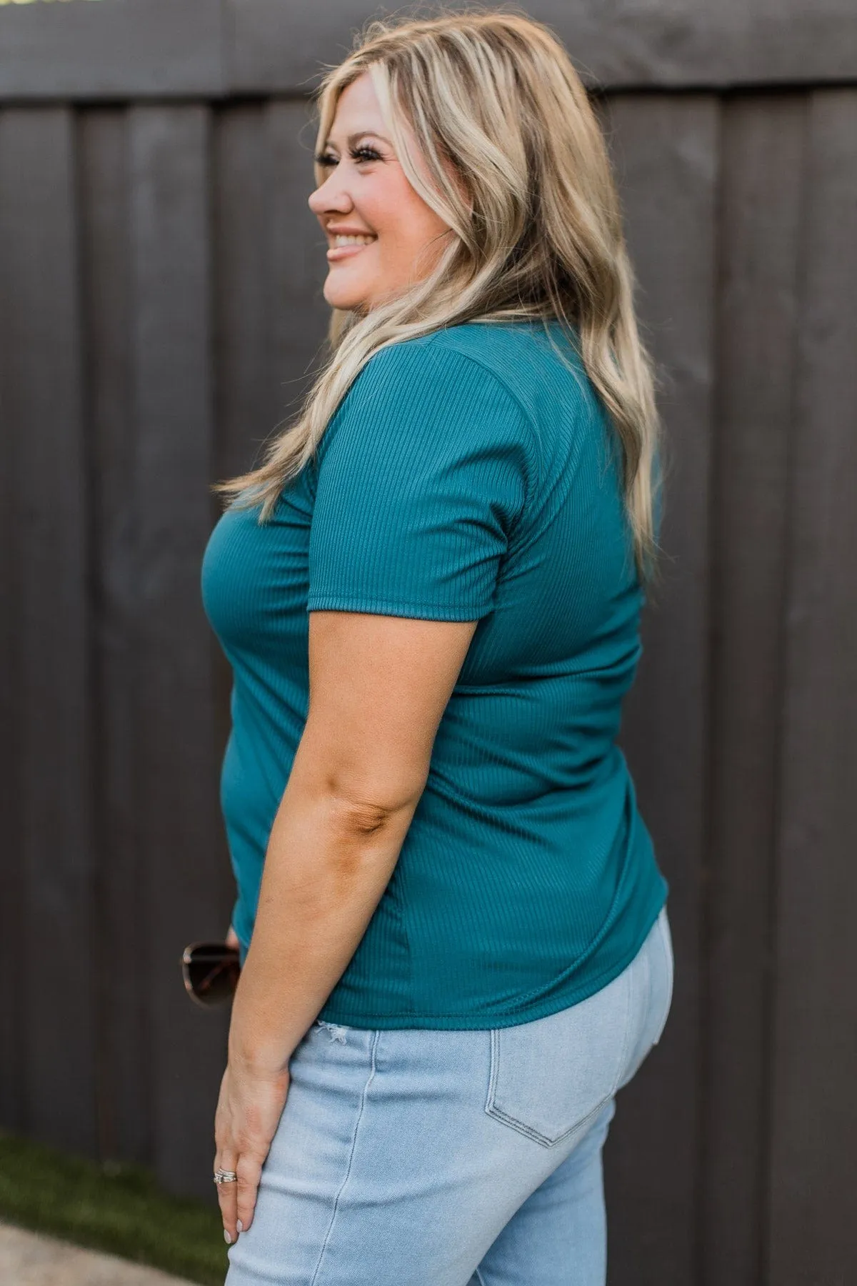 Without A Care Ribbed Knit Top- Teal