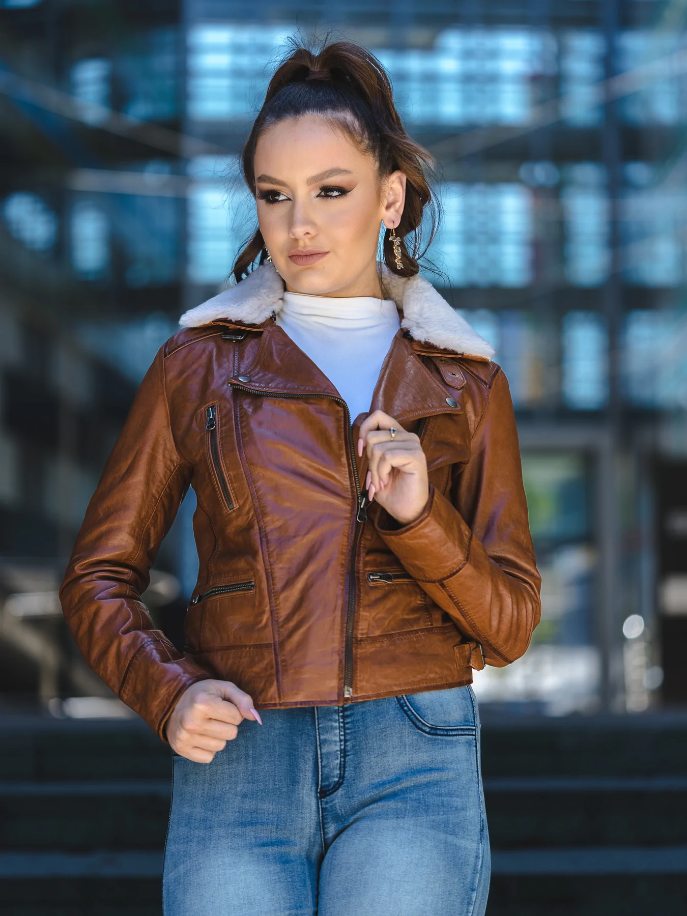 Womens Brown Leather Jacket with Fur Collar