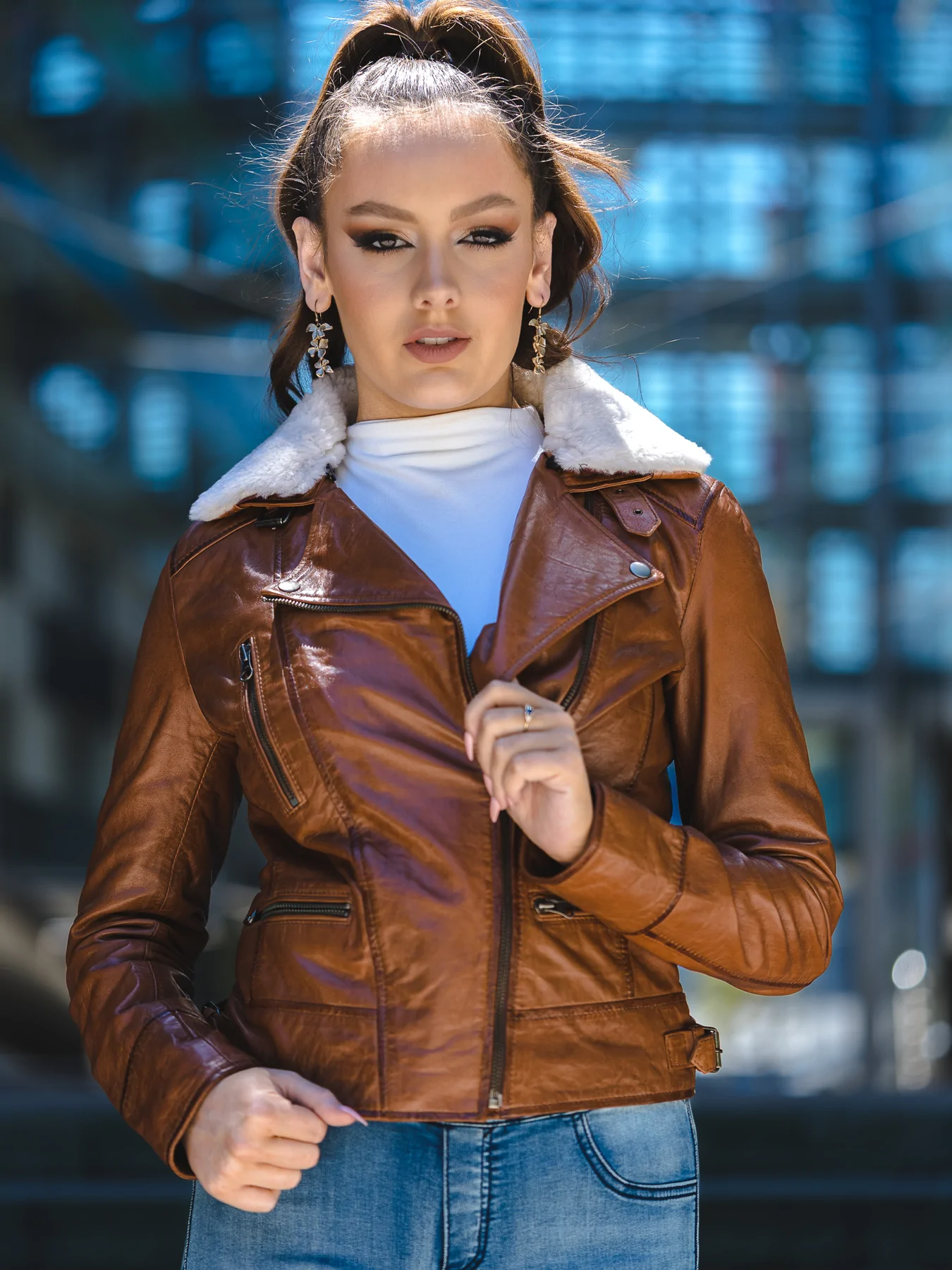 Womens Brown Leather Jacket with Fur Collar