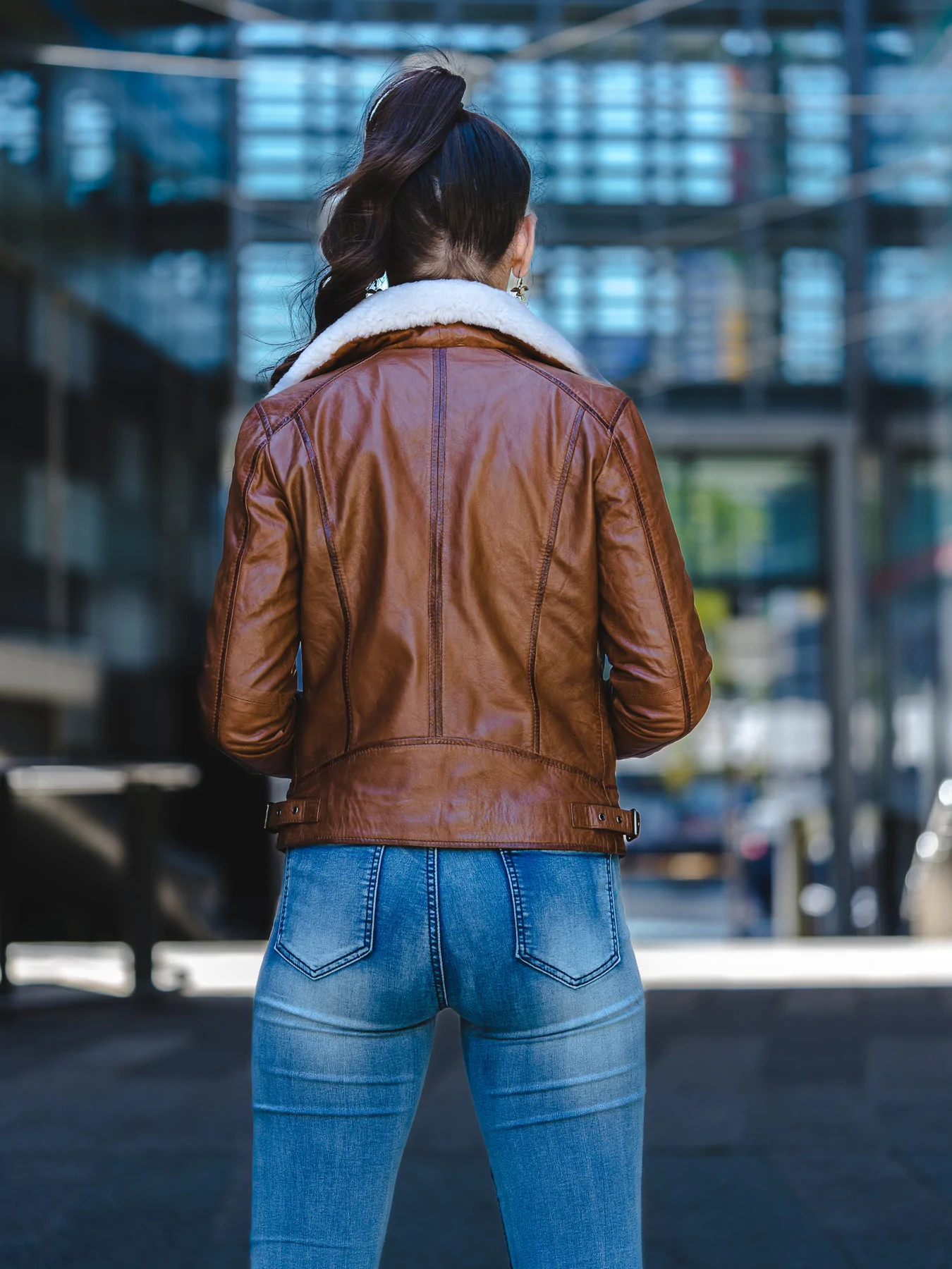 Womens Brown Leather Jacket with Fur Collar