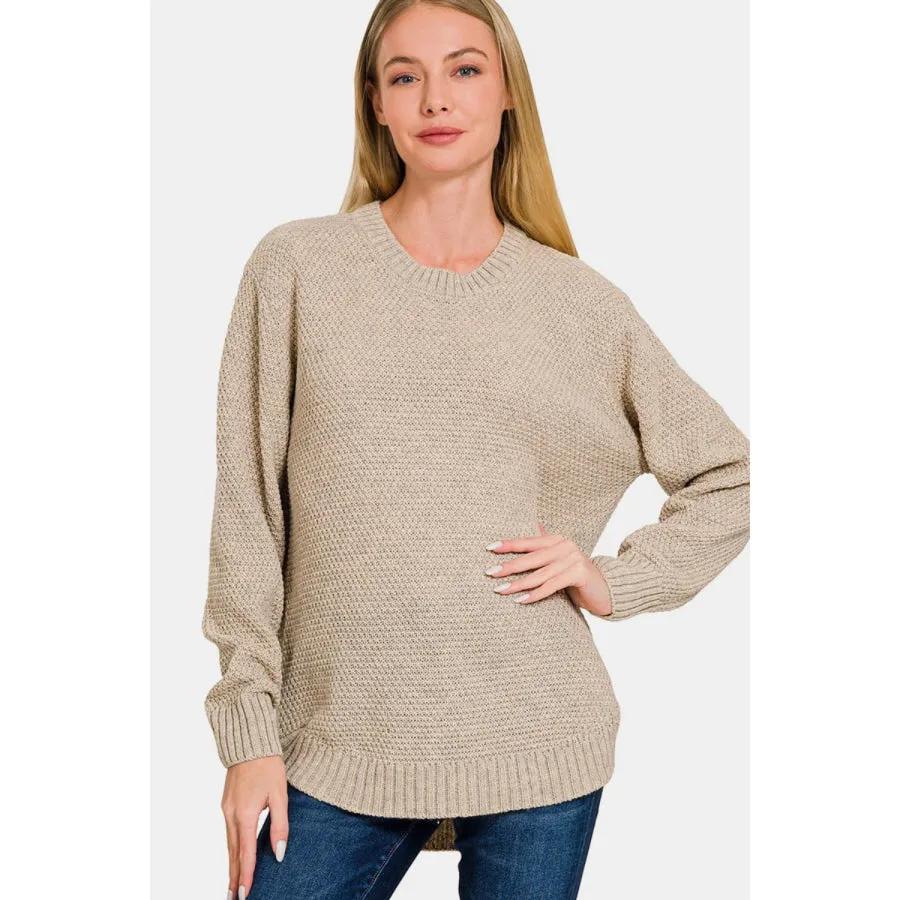 Zenana Ful Size Round Neck Long Sleeve Curved Hem Sweater