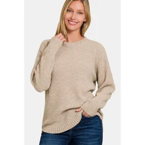 Zenana Ful Size Round Neck Long Sleeve Curved Hem Sweater