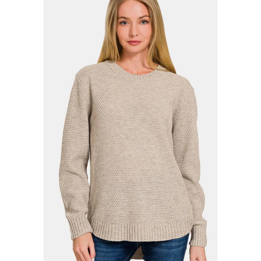 Zenana Ful Size Round Neck Long Sleeve Curved Hem Sweater